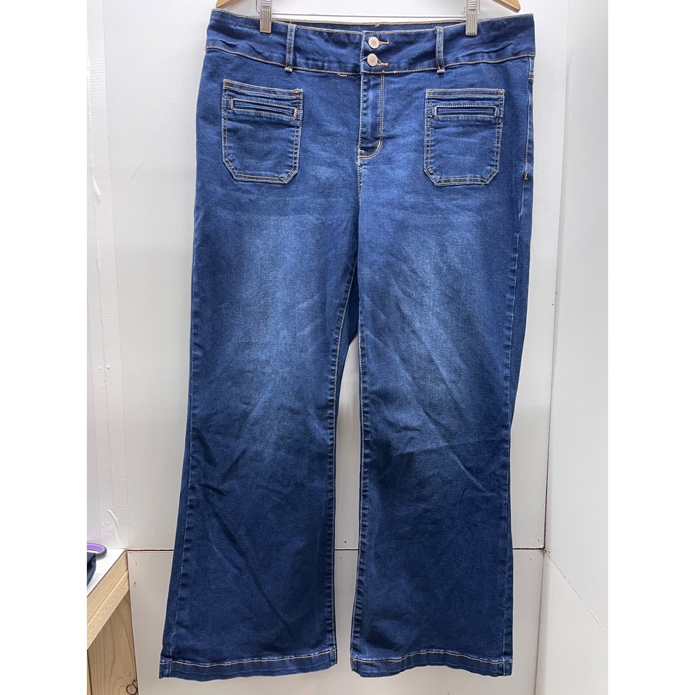 Sidefeel Womens Wide Leg Jeans Medium Wash Stretch Denim Patch Pocket Size 18‎